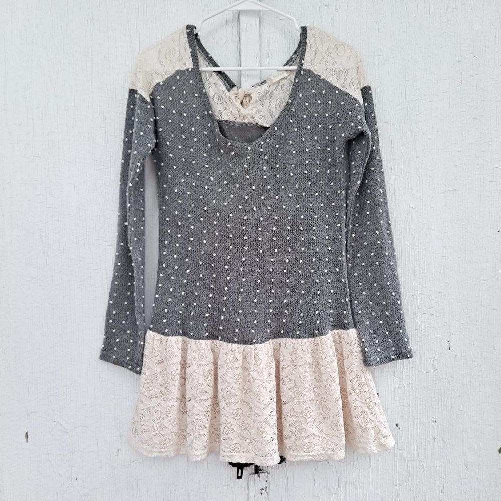Altar'd State Polka Dot Lace Tie Back Knit Sweater‎ Tunic Medium Gray Cream